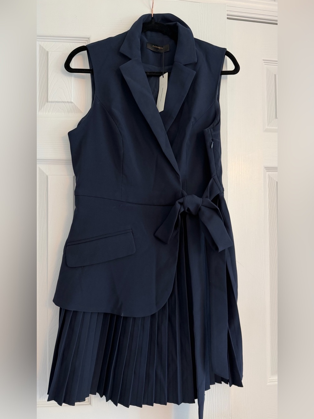 New with tags Commense Belted Pleated Sleeveless Blazer Dress in navy sz L - Picture 3 of 14